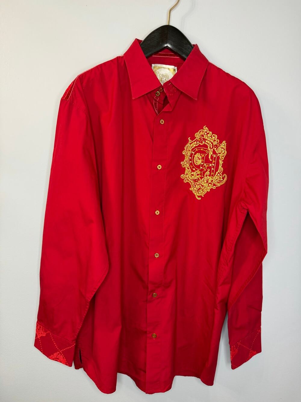 Vintage Crown Holder Button Down Wester Rodeo Shirt Red Gold Crest Logo Mens XXL